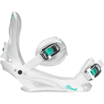 White snowboard binding with green accents on a white background