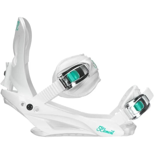 White snowboard binding with green accents on a white background