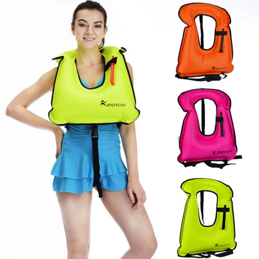 Woman wearing a yellow life jacket with three additional life jackets displayed above her.