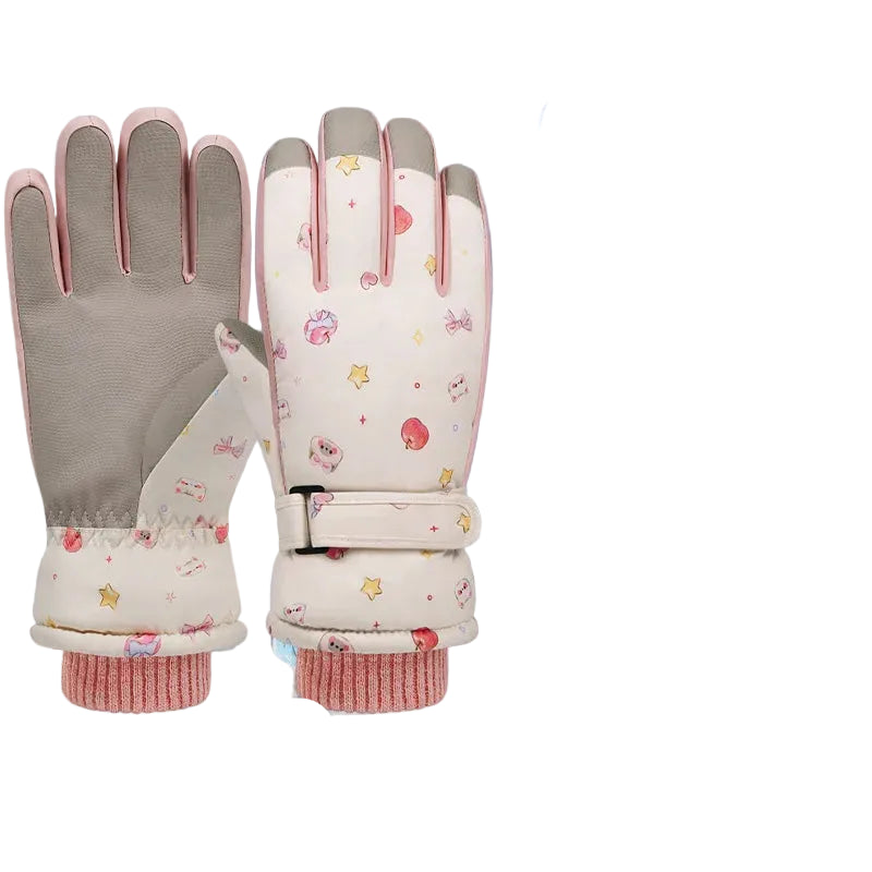 Women's ski gloves with floral pattern on a white background.