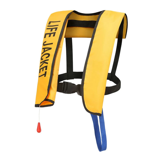 Yellow Inflatable life jacket with black text on a white background