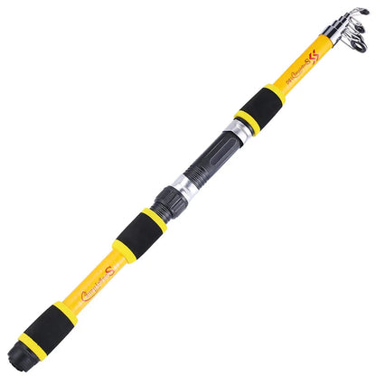 Yellow and black telescopic fishing rod with a red label indicating length on a white background