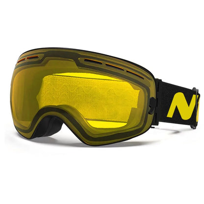Yellow goggles with a black frame and a visible brand logo on a white background