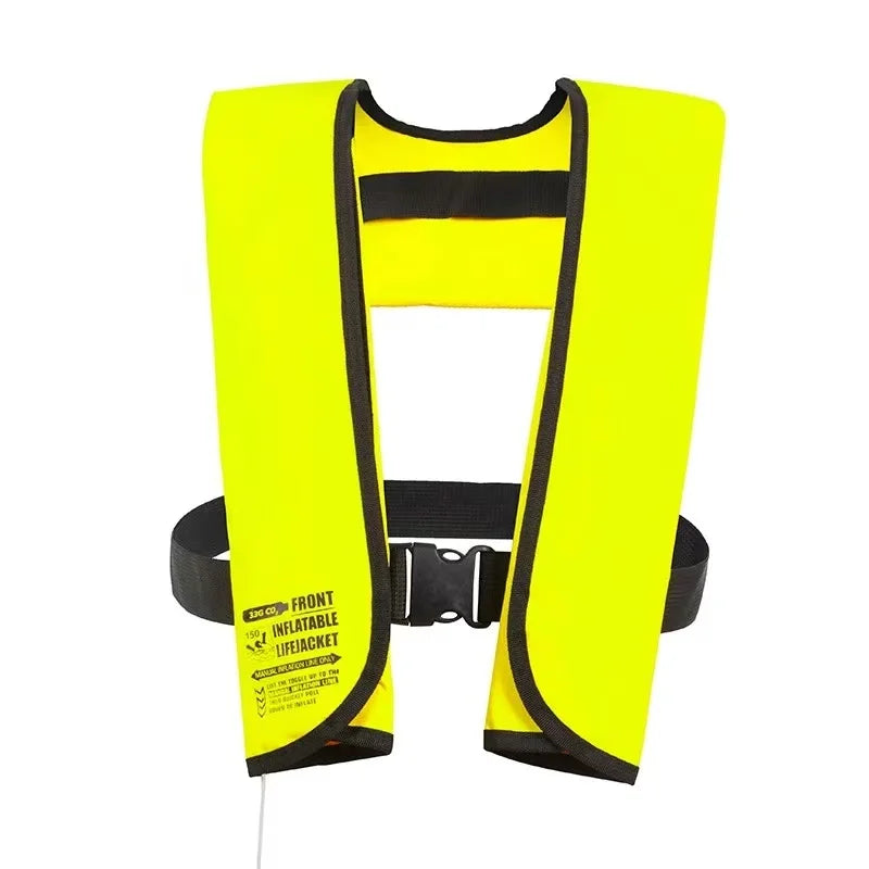 Yellow inflatable life jacket with black straps on a white background