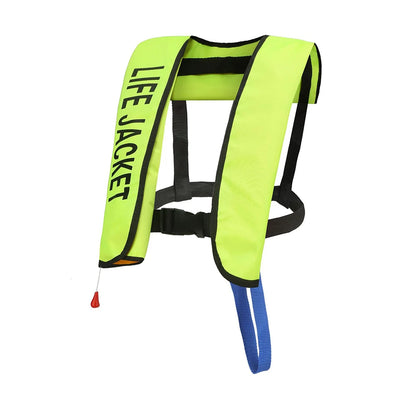 Yellow life jacket with black text on a white background