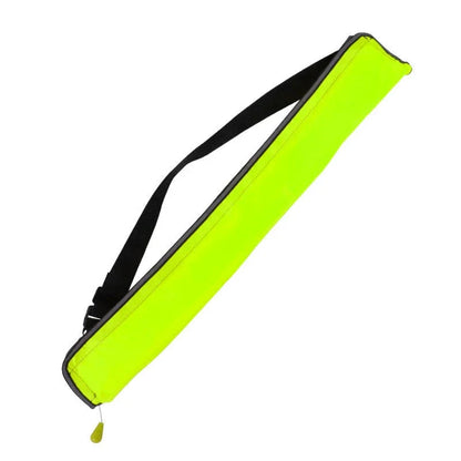 Yellow pool cue case with black strap on a white background
