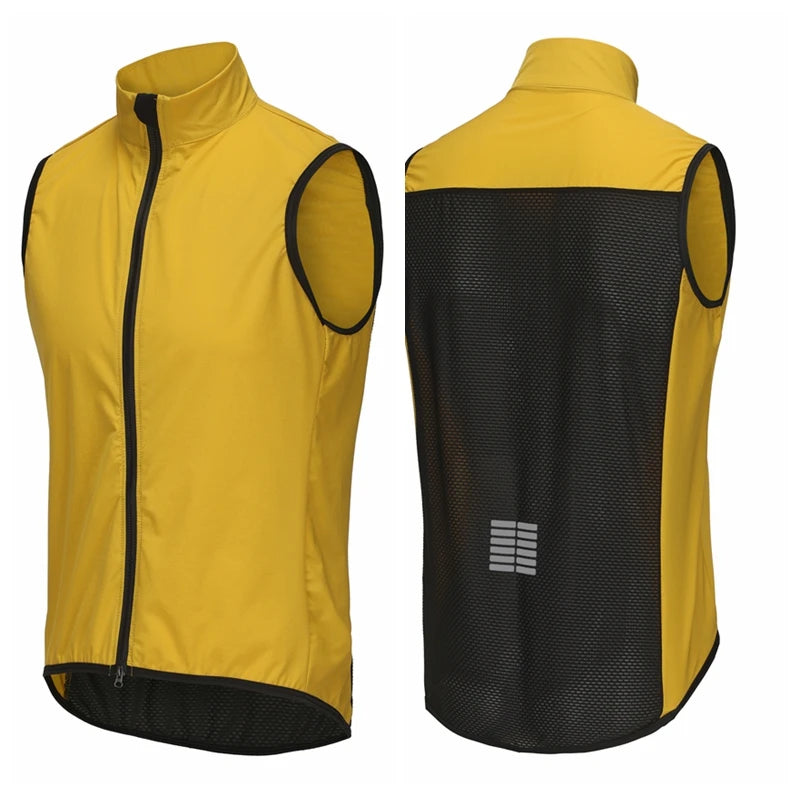 Yellow vest with black mesh back on a white background