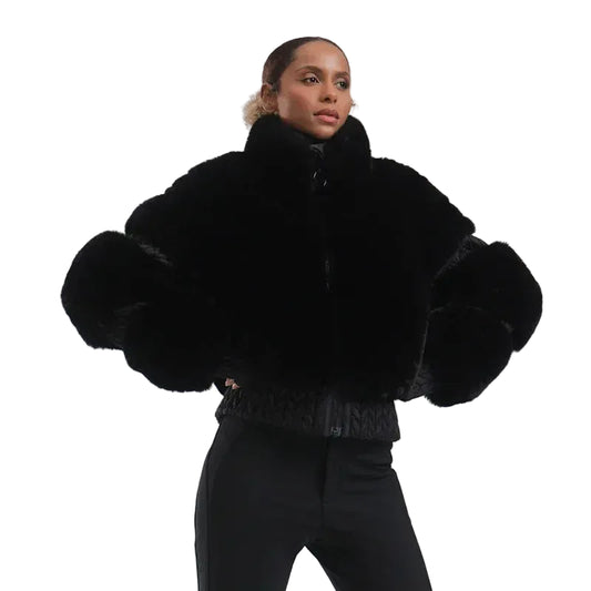 Person wearing a black fur coat on a white background