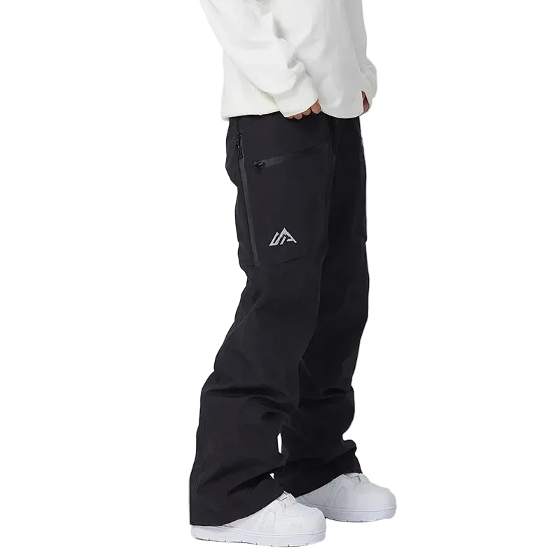 Person wearing black pants with a logo on a white background