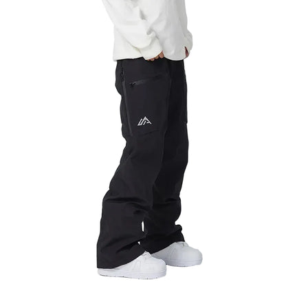 Person wearing black pants with a logo on a white background