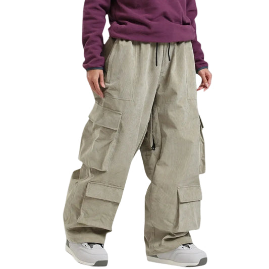 Person wearing beige cargo pants and a purple sweater 