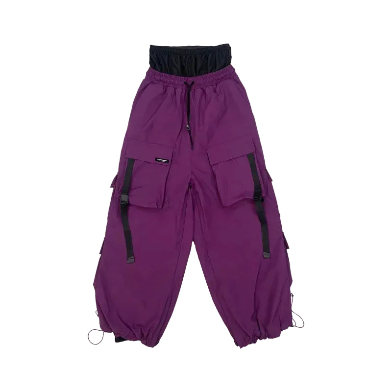 Purple cargo pants with black accents on a white background