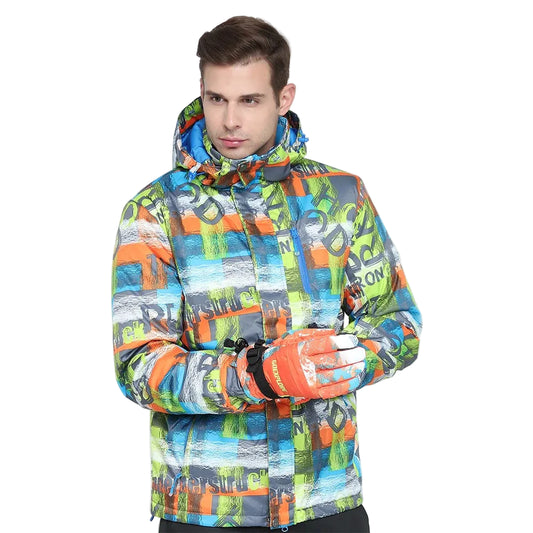 Person wearing a colorful jacket on a light white background