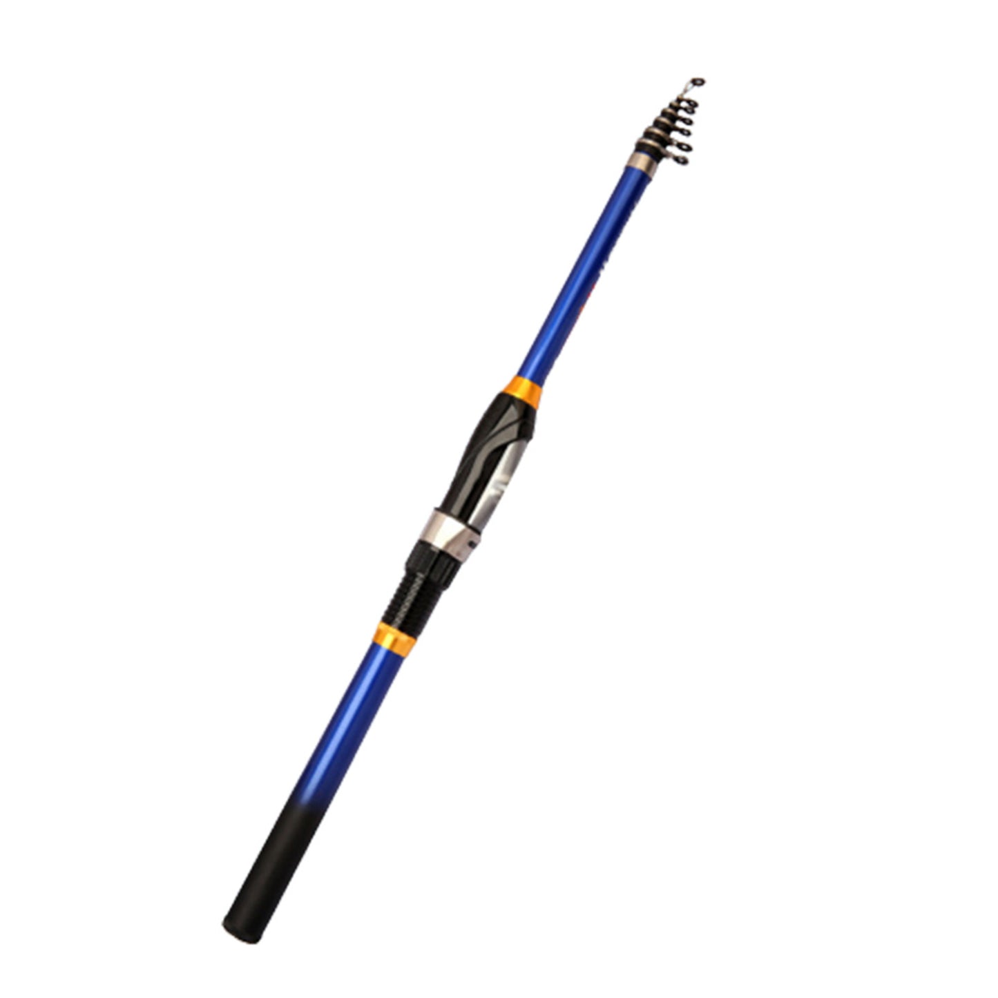 Telescopic fishing rod with blue and black design on a white background