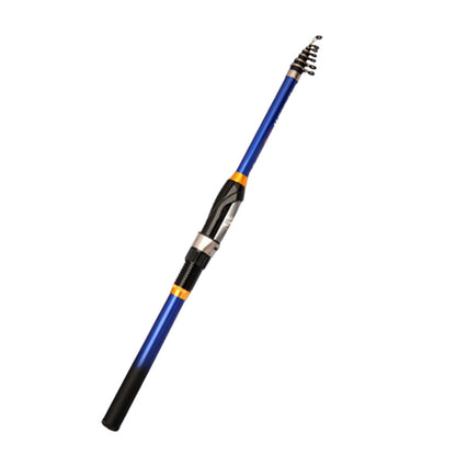 Telescopic fishing rod with blue and black design on a white background