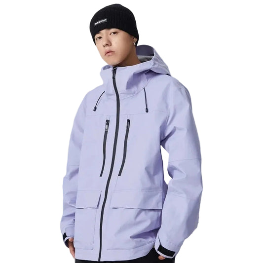Person wearing a light purple jacket with a white background