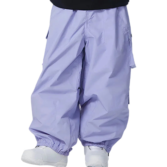 Person wearing light purple snowboard  pants 