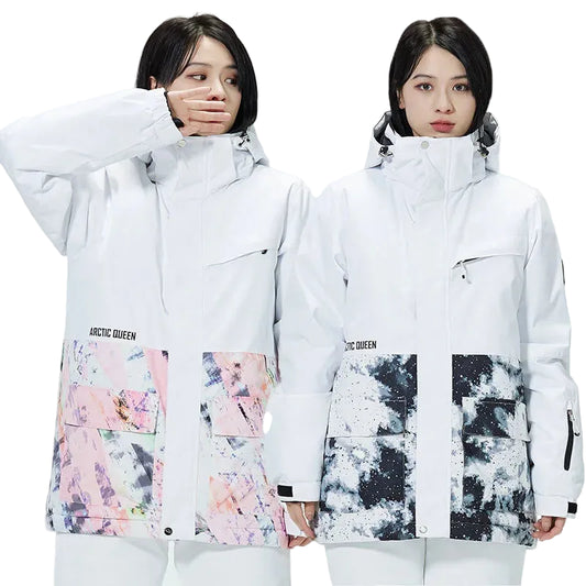 Two people wearing white jackets with colorful patch designs on a white background